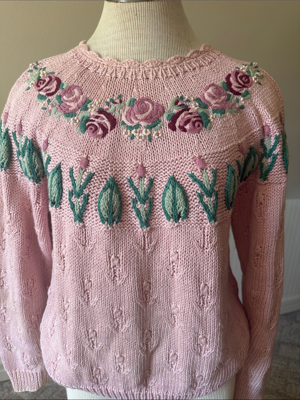 VINTAGE KNITTED by HAND: Pink Floral Embroidered Sweater Cape Isle Knitters